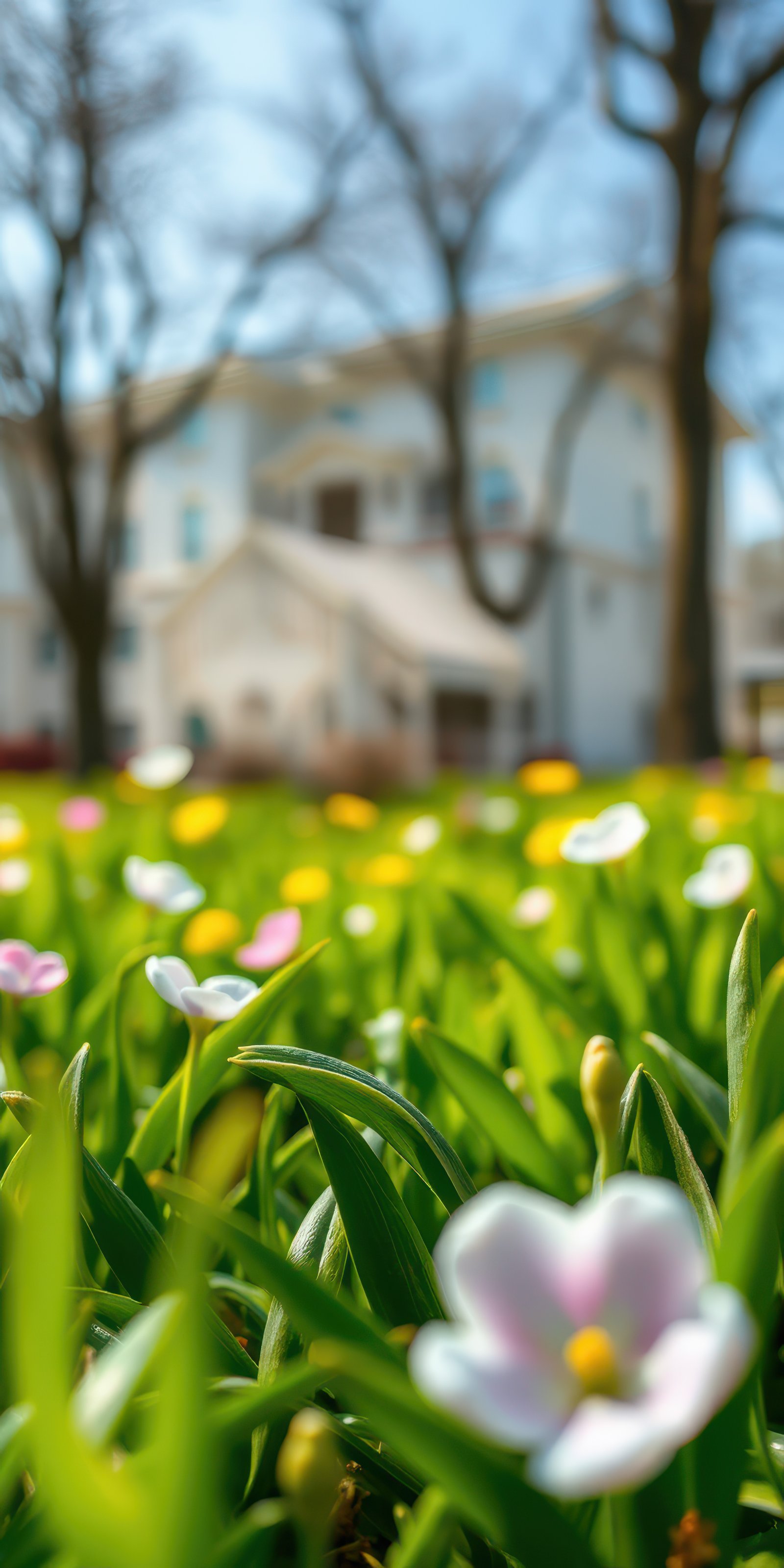 Spring flowers bloom in vibrant colors on a sunny day in a peaceful garden setting